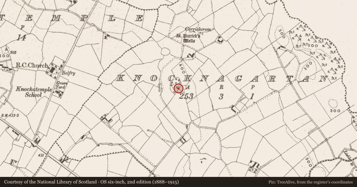Ordnance Survey six-inch map, 2nd edition (1888–1915) covering the location of Designed landscape - tree-ring, Knocknagartan, County Cavan, with a pin at the register's coordinates