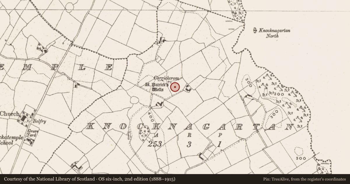 Ordnance Survey six-inch map, 2nd edition (1888–1915) covering the location of Ritual site - holy well, Knocknagartan, County Cavan, with a pin at the register's coordinates