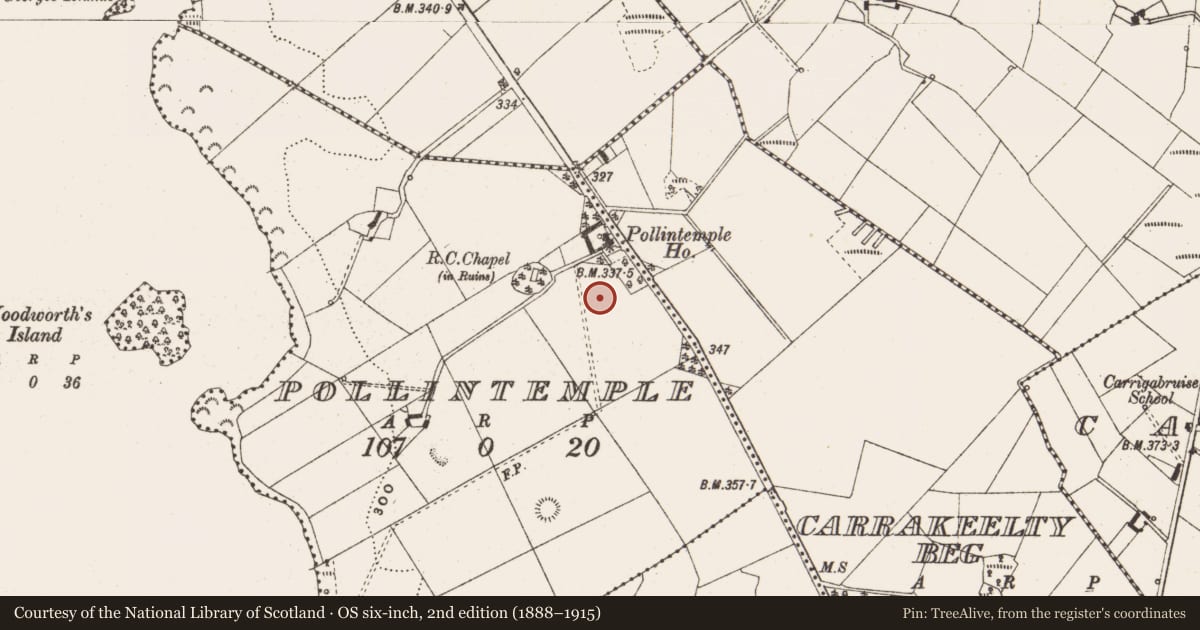 Ordnance Survey six-inch map, 2nd edition (1888–1915) covering the location of Kiln - lime, Pollintemple, County Cavan, with a pin at the register's coordinates