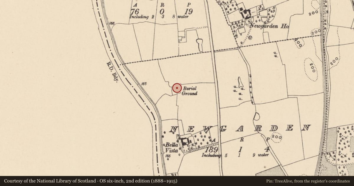 Ordnance Survey six-inch map, 2nd edition (1888–1915) covering the location of Burial ground, Newgarden, County Carlow, with a pin at the register's coordinates