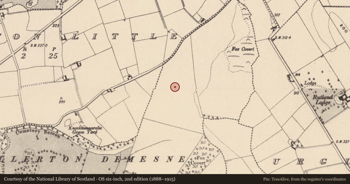 Ordnance Survey six-inch map, 2nd edition (1888–1915) covering the location of Enclosure, Pollerton Big, County Carlow, with a pin at the register's coordinates