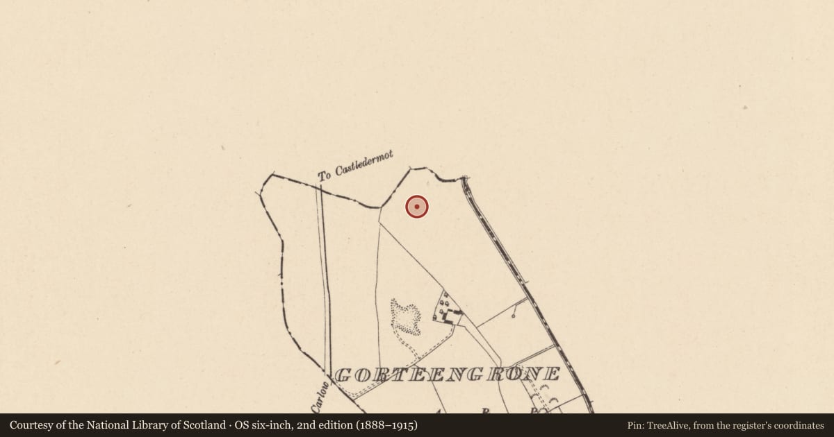 Ordnance Survey six-inch map, 2nd edition (1888–1915) covering the location of Enclosure, Gorteengrone, County Carlow, with a pin at the register's coordinates