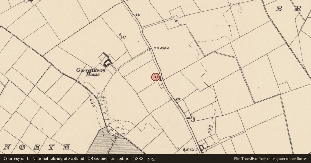 Ordnance Survey six-inch map, 2nd edition (1888–1915) covering the location of Ringfort - rath, Garrettstown, County Carlow, with a pin at the register's coordinates