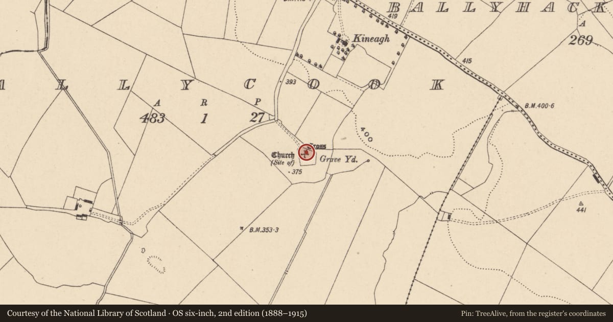 Ordnance Survey six-inch map, 2nd edition (1888–1915) covering the location of Church, Ballycook, County Carlow, with a pin at the register's coordinates
