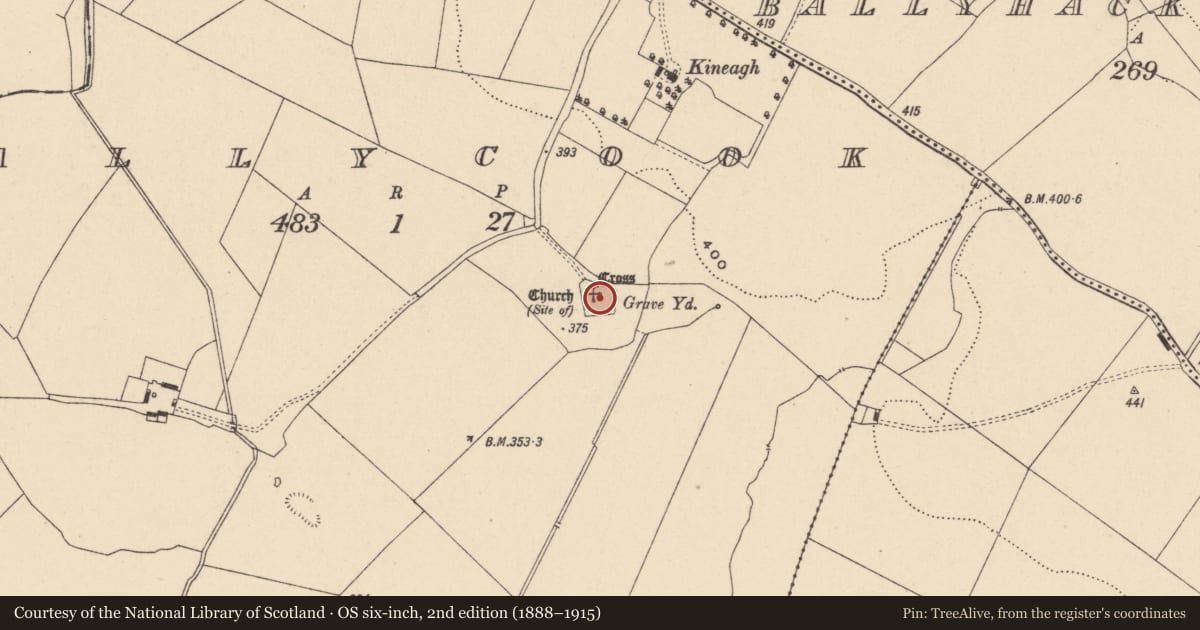 Ordnance Survey six-inch map, 2nd edition (1888–1915) covering the location of Graveyard, Ballycook, County Carlow, with a pin at the register's coordinates
