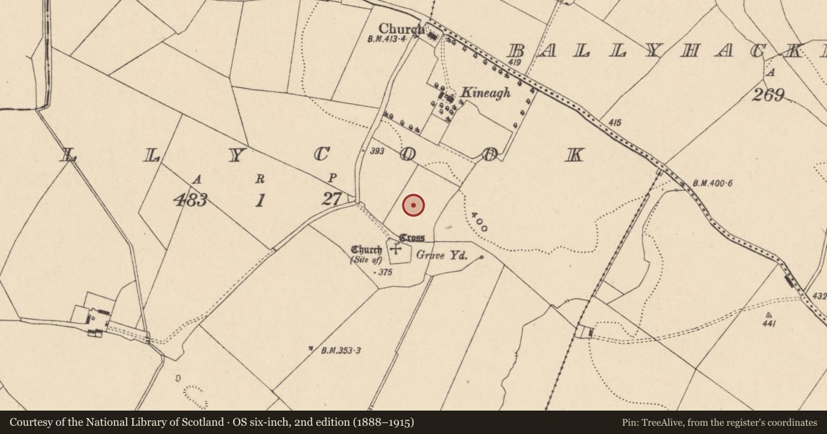 Ordnance Survey six-inch map, 2nd edition (1888–1915) covering the location of Earthwork, Ballycook, County Carlow, with a pin at the register's coordinates