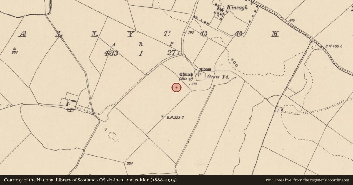 Ordnance Survey six-inch map, 2nd edition (1888–1915) covering the location of Moated site, Ballycook, County Carlow, with a pin at the register's coordinates