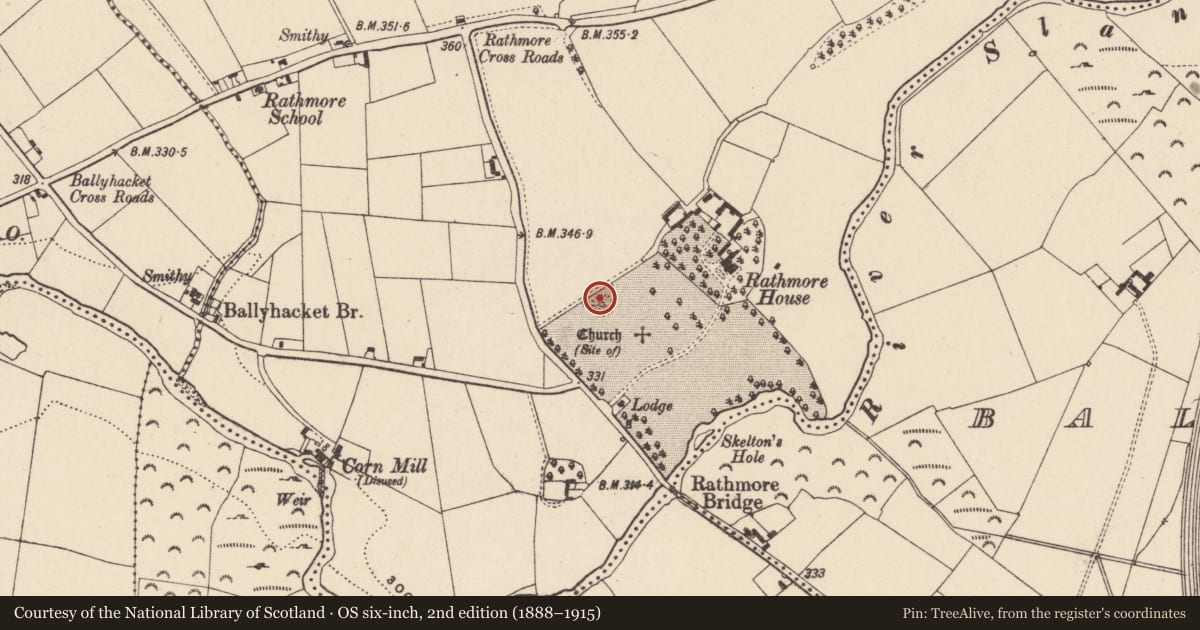 Ordnance Survey six-inch map, 2nd edition (1888–1915) covering the location of Mound, Rathmore, County Carlow, with a pin at the register's coordinates