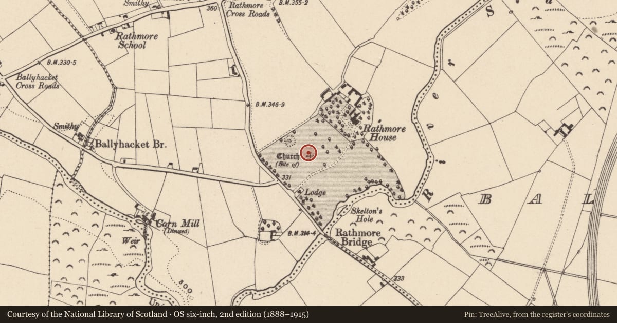 Ordnance Survey six-inch map, 2nd edition (1888–1915) covering the location of Graveyard, Rathmore, County Carlow, with a pin at the register's coordinates