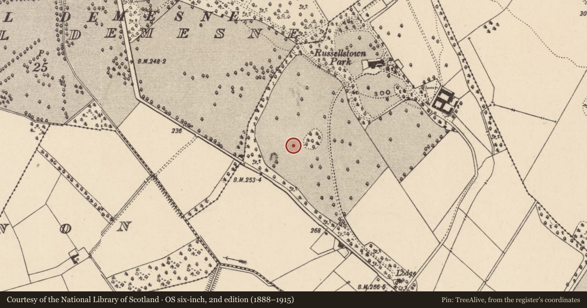Ordnance Survey six-inch map, 2nd edition (1888–1915) covering the location of Enclosure, Russellstown, County Carlow, with a pin at the register's coordinates