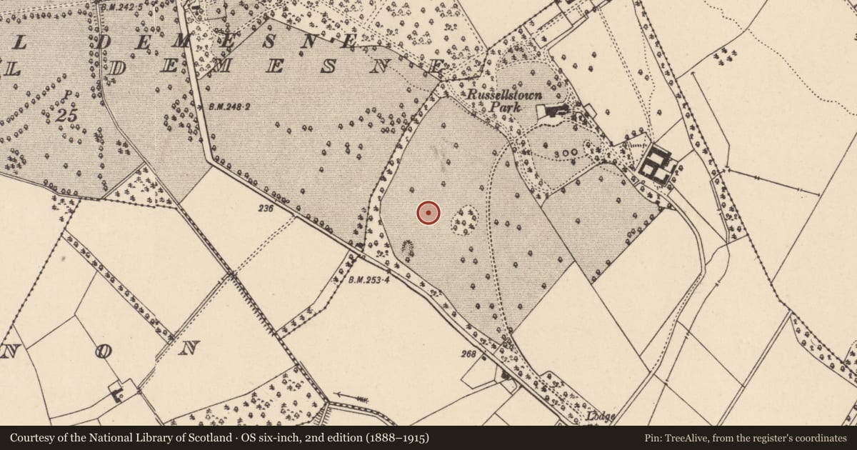 Ordnance Survey six-inch map, 2nd edition (1888–1915) covering the location of Charcoal-making site, Russellstown, County Carlow, with a pin at the register's coordinates