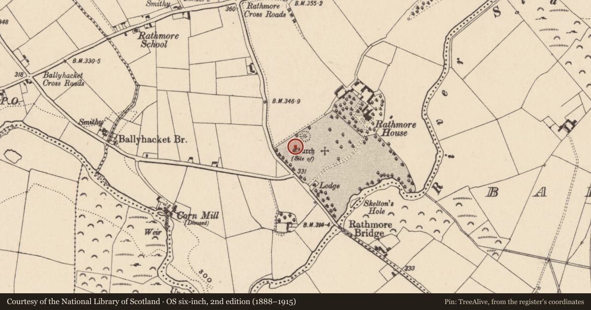 Ordnance Survey six-inch map, 2nd edition (1888–1915) covering the location of Enclosure, Rathmore, County Carlow, with a pin at the register's coordinates