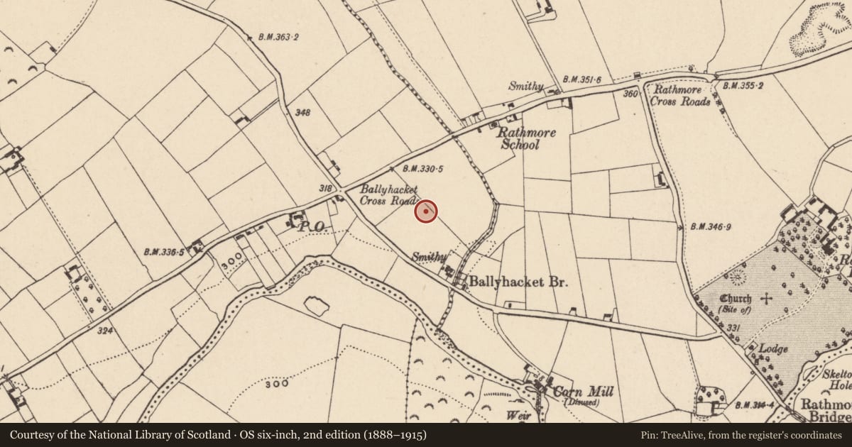 Ordnance Survey six-inch map, 2nd edition (1888–1915) covering the location of Enclosure - large enclosure, Ballyhacket Lower, County Carlow, with a pin at the register's coordinates