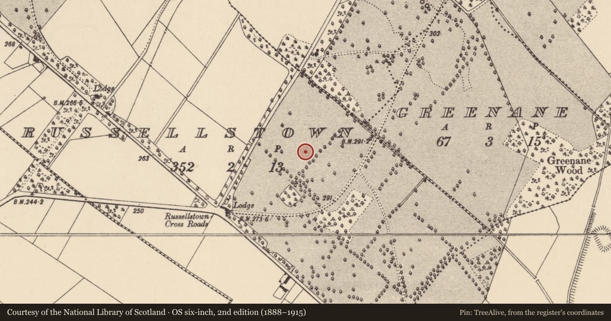 Ordnance Survey six-inch map, 2nd edition (1888–1915) covering the location of Enclosure, Russellstown, County Carlow, with a pin at the register's coordinates