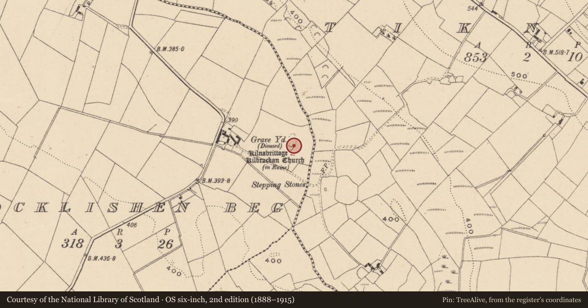 Ordnance Survey six-inch map, 2nd edition (1888–1915) covering the location of Church, Knocklishen Beg, County Carlow, with a pin at the register's coordinates