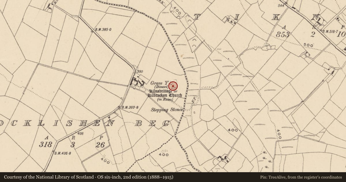 Ordnance Survey six-inch map, 2nd edition (1888–1915) covering the location of Bullaun stone, Knocklishen Beg, County Carlow, with a pin at the register's coordinates