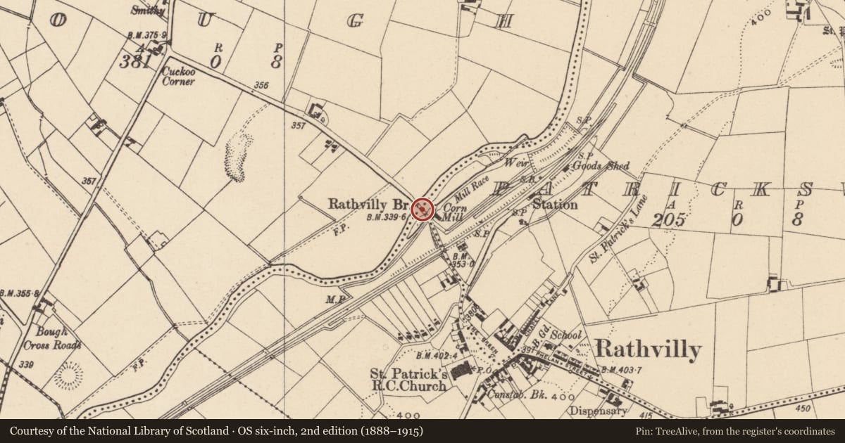 Ordnance Survey six-inch map, 2nd edition (1888–1915) covering the location of Bridge, County Carlow, with a pin at the register's coordinates