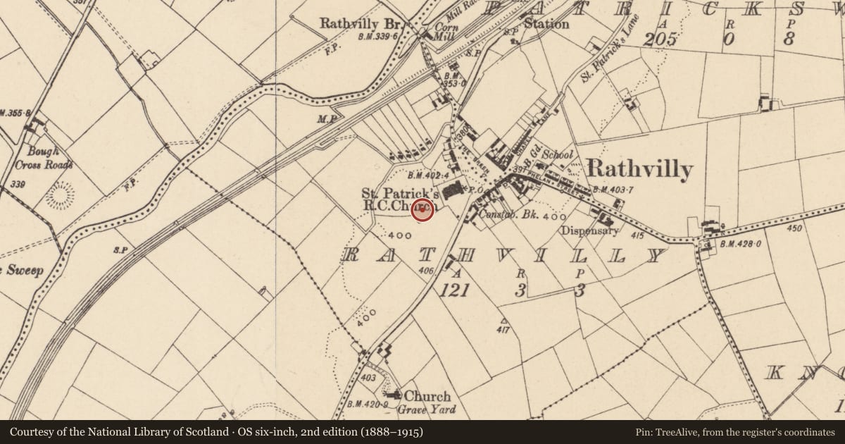 Ordnance Survey six-inch map, 2nd edition (1888–1915) covering the location of Castle - unclassified, Rathvilly, County Carlow, with a pin at the register's coordinates