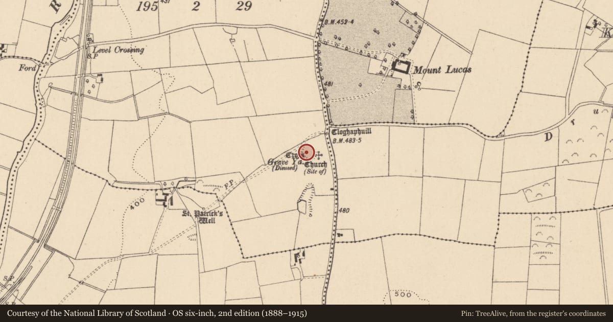 Ordnance Survey six-inch map, 2nd edition (1888–1915) covering the location of Graveyard, Waterstown, County Carlow, with a pin at the register's coordinates