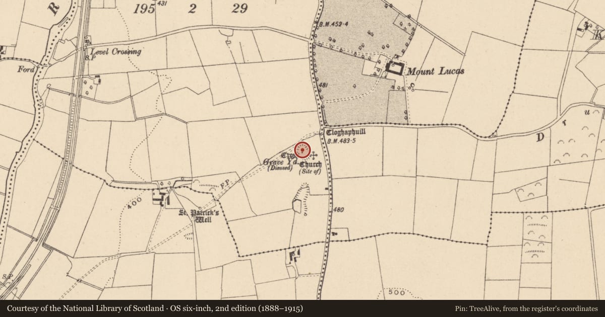 Ordnance Survey six-inch map, 2nd edition (1888–1915) covering the location of Cross, Waterstown, County Carlow, with a pin at the register's coordinates