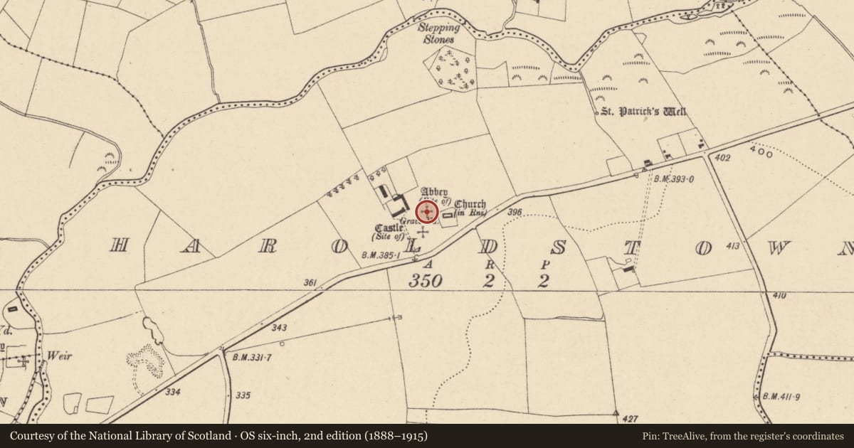 Ordnance Survey six-inch map, 2nd edition (1888–1915) covering the location of Ecclesiastical site, Haroldstown, County Carlow, with a pin at the register's coordinates