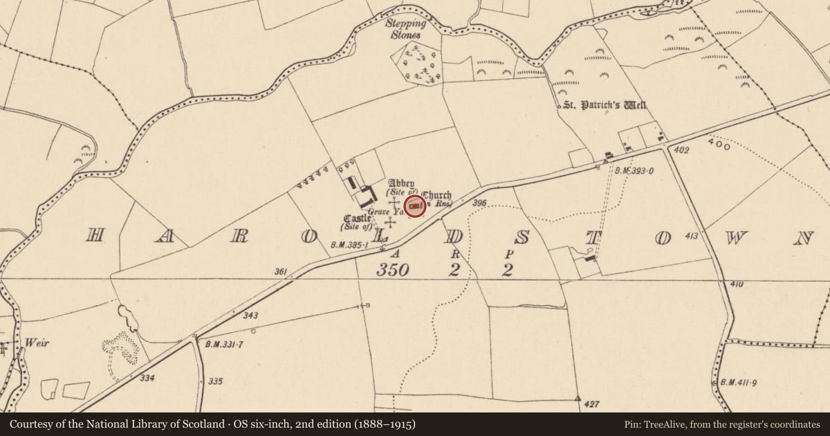 Ordnance Survey six-inch map, 2nd edition (1888–1915) covering the location of Church, Haroldstown, County Carlow, with a pin at the register's coordinates