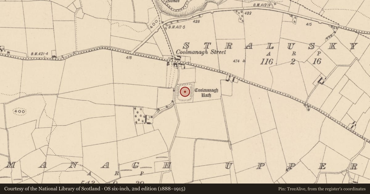 Ordnance Survey six-inch map, 2nd edition (1888–1915) covering the location of Moated site, Coolmanagh Upper, County Carlow, with a pin at the register's coordinates