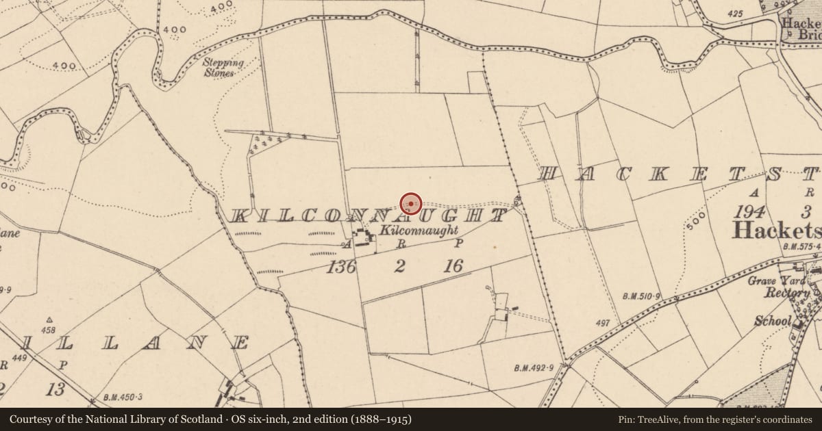 Ordnance Survey six-inch map, 2nd edition (1888–1915) covering the location of Burial, Kilconnaught, County Carlow, with a pin at the register's coordinates