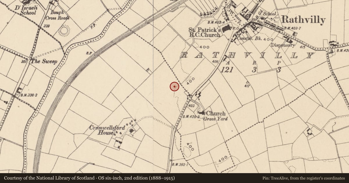 Ordnance Survey six-inch map, 2nd edition (1888–1915) covering the location of Excavation - miscellaneous, Ballyoliver, County Carlow, with a pin at the register's coordinates