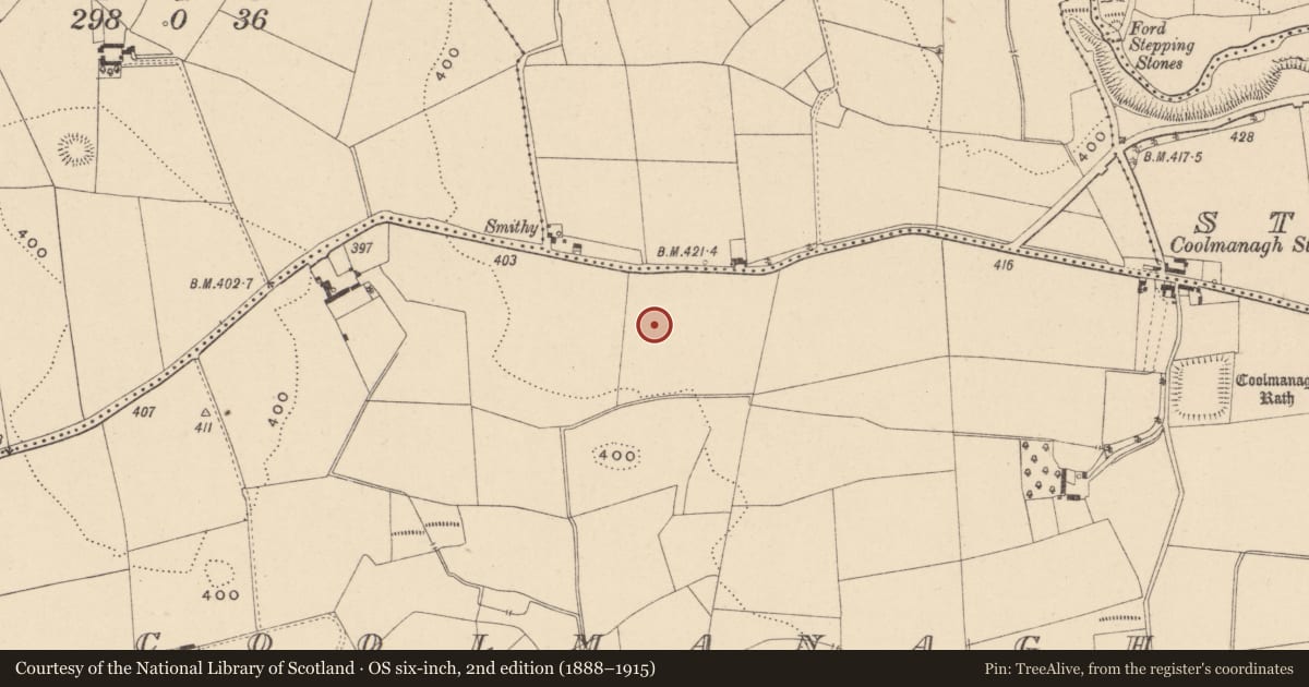 Ordnance Survey six-inch map, 2nd edition (1888–1915) covering the location of Enclosure, Coolmanagh Upper, County Carlow, with a pin at the register's coordinates