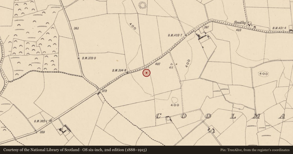 Ordnance Survey six-inch map, 2nd edition (1888–1915) covering the location of Enclosure, Coolmanagh Upper, County Carlow, with a pin at the register's coordinates