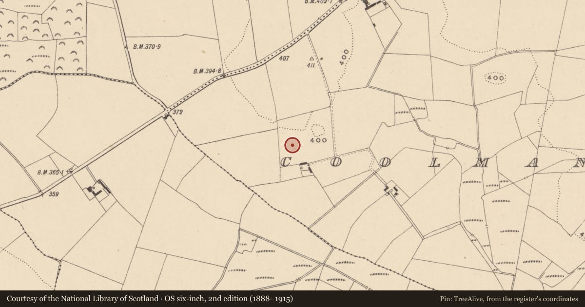 Ordnance Survey six-inch map, 2nd edition (1888–1915) covering the location of Enclosure, Coolmanagh Upper, County Carlow, with a pin at the register's coordinates