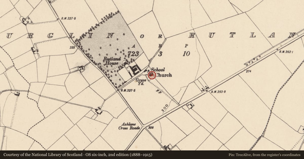 Ordnance Survey six-inch map, 2nd edition (1888–1915) covering the location of Graveyard, Urglin Or Rutland, County Carlow, with a pin at the register's coordinates
