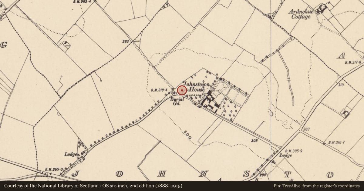 Ordnance Survey six-inch map, 2nd edition (1888–1915) covering the location of Bullaun stone, Johnstown, County Carlow, with a pin at the register's coordinates