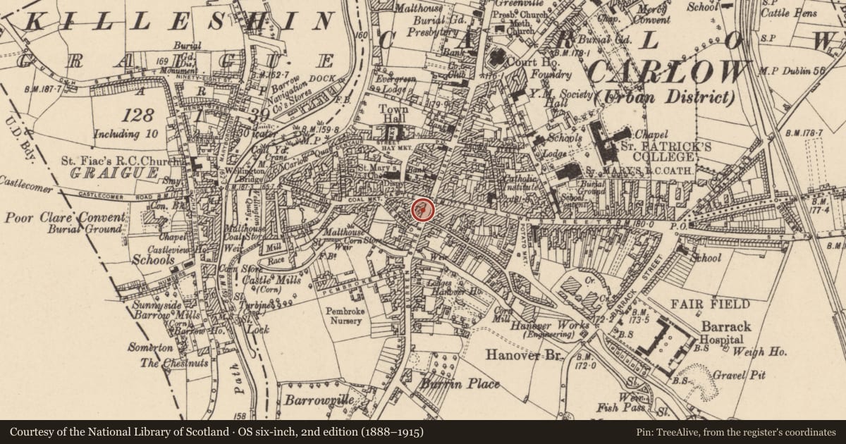 Ordnance Survey six-inch map, 2nd edition (1888–1915) covering the location of Historic town, Carlow, Graigue, County Carlow, with a pin at the register's coordinates