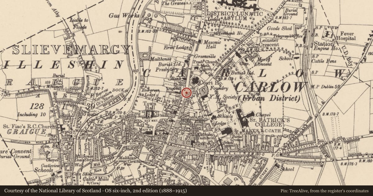 Ordnance Survey six-inch map, 2nd edition (1888–1915) covering the location of Town defences, Carlow, with a pin at the register's coordinates