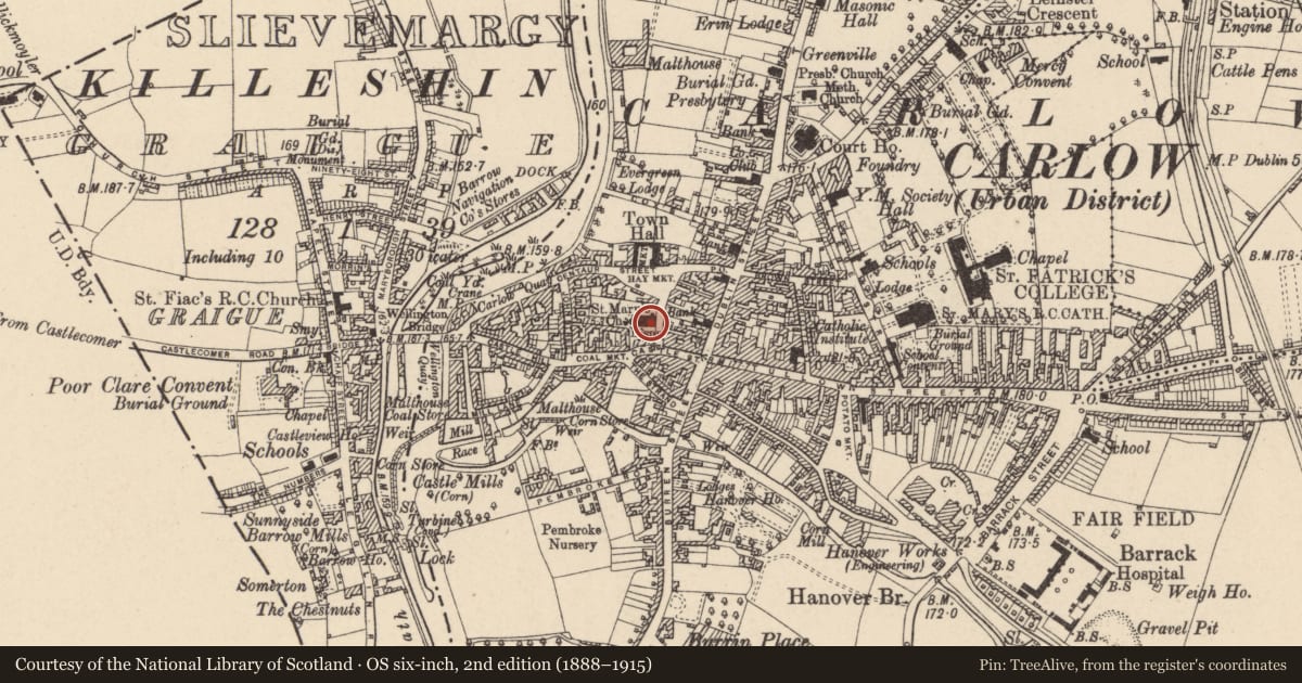 Ordnance Survey six-inch map, 2nd edition (1888–1915) covering the location of Church, Carlow, with a pin at the register's coordinates
