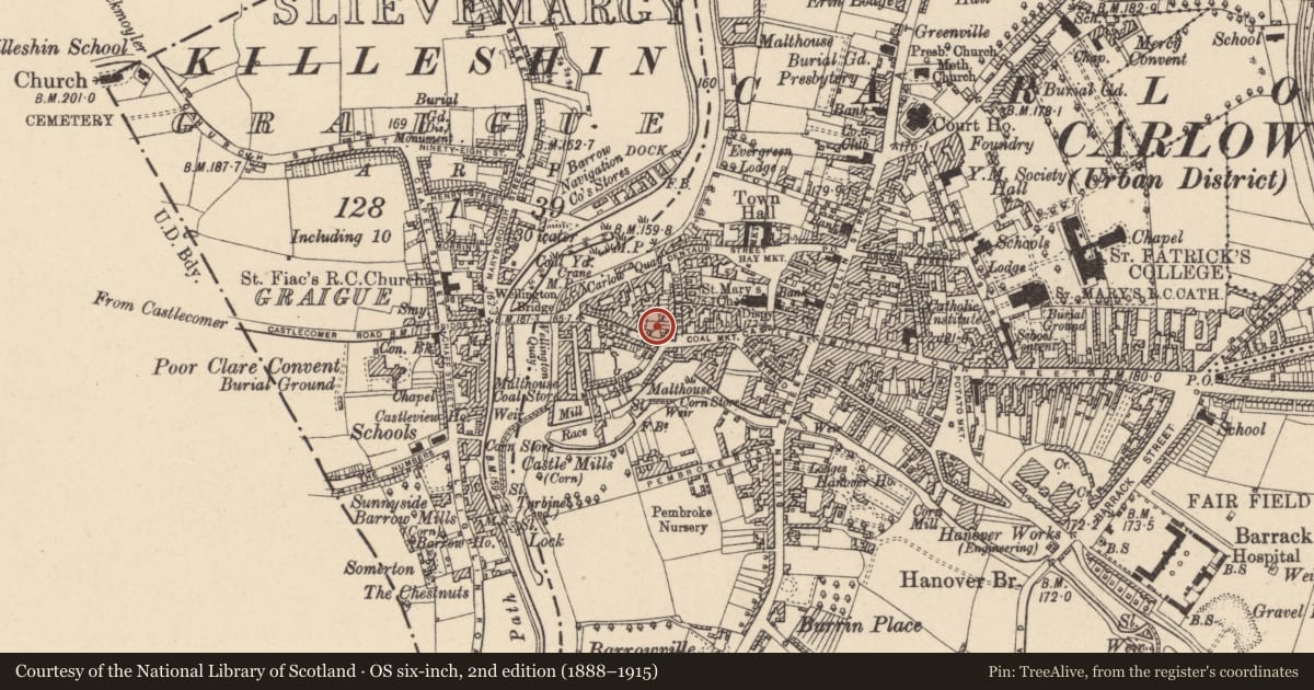 Ordnance Survey six-inch map, 2nd edition (1888–1915) covering the location of Graveyard, Carlow, with a pin at the register's coordinates