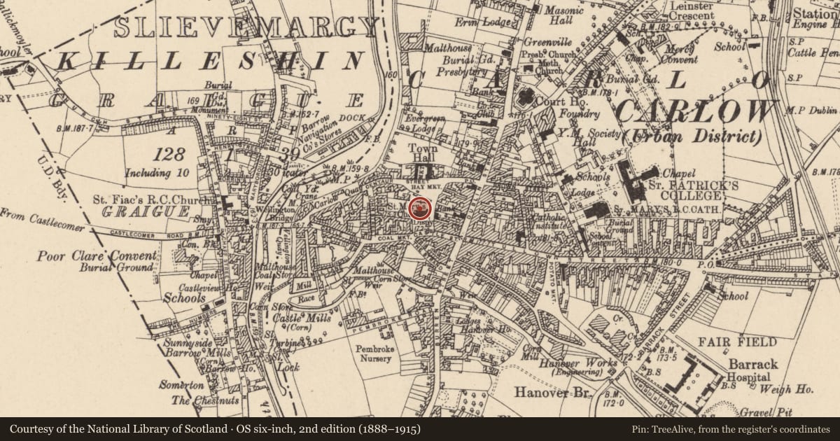 Ordnance Survey six-inch map, 2nd edition (1888–1915) covering the location of Tomb - effigial, Carlow, with a pin at the register's coordinates