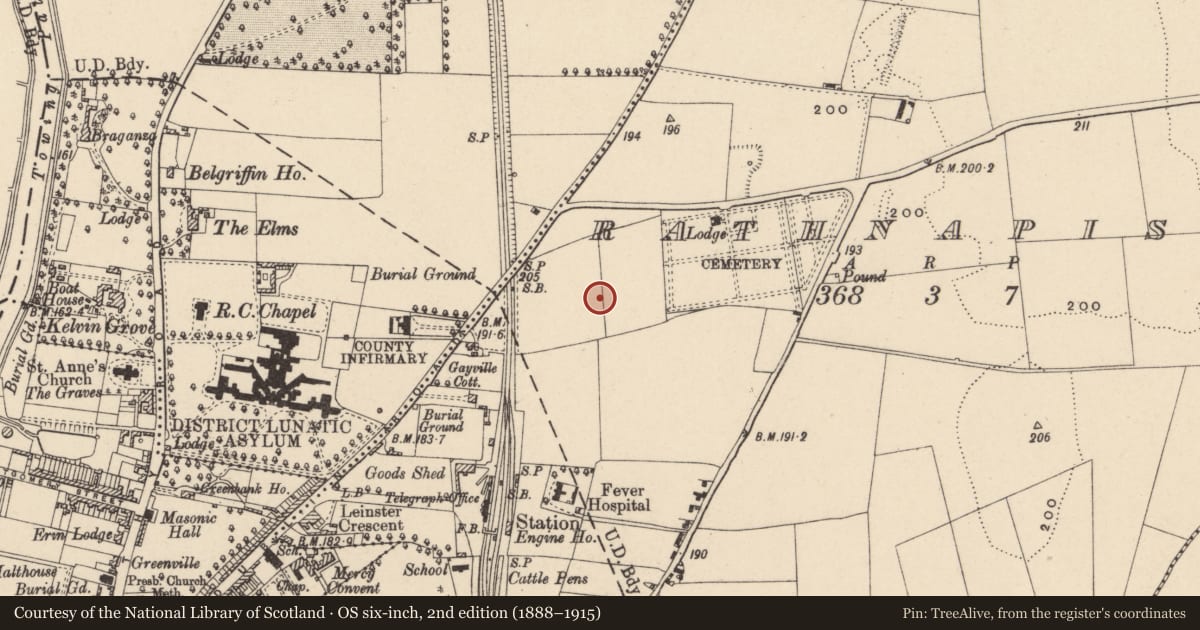 Ordnance Survey six-inch map, 2nd edition (1888–1915) covering the location of Enclosure, Rathnapish, County Carlow, with a pin at the register's coordinates