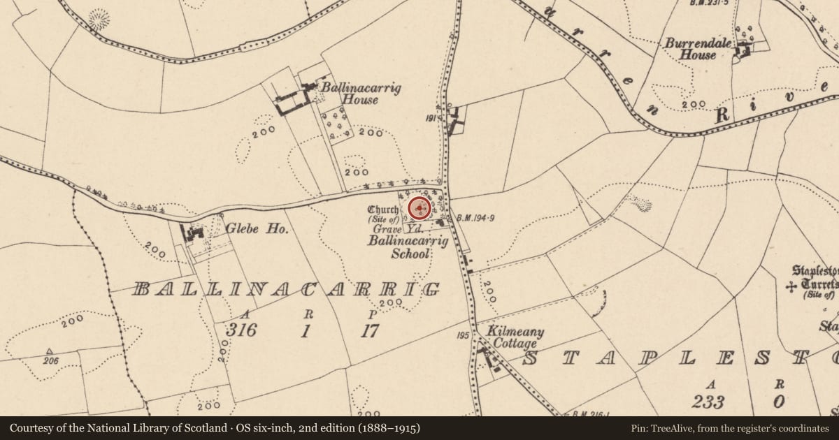 Ordnance Survey six-inch map, 2nd edition (1888–1915) covering the location of Church, Ballinacarrig, County Carlow, with a pin at the register's coordinates