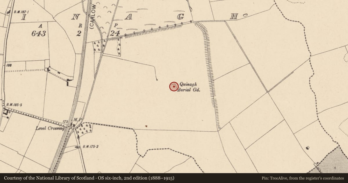 Ordnance Survey six-inch map, 2nd edition (1888–1915) covering the location of Burial ground, Quinagh, County Carlow, with a pin at the register's coordinates