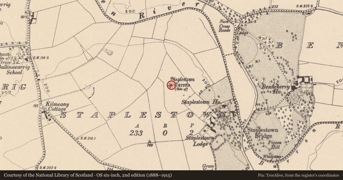 Ordnance Survey six-inch map, 2nd edition (1888–1915) covering the location of Designed landscape feature, Staplestown, County Carlow, with a pin at the register's coordinates