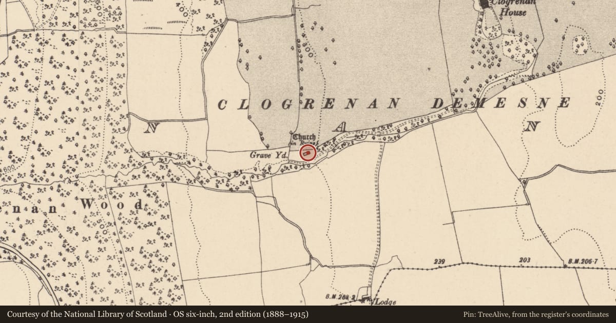 Ordnance Survey six-inch map, 2nd edition (1888–1915) covering the location of Church, Clogrenan, County Carlow, with a pin at the register's coordinates