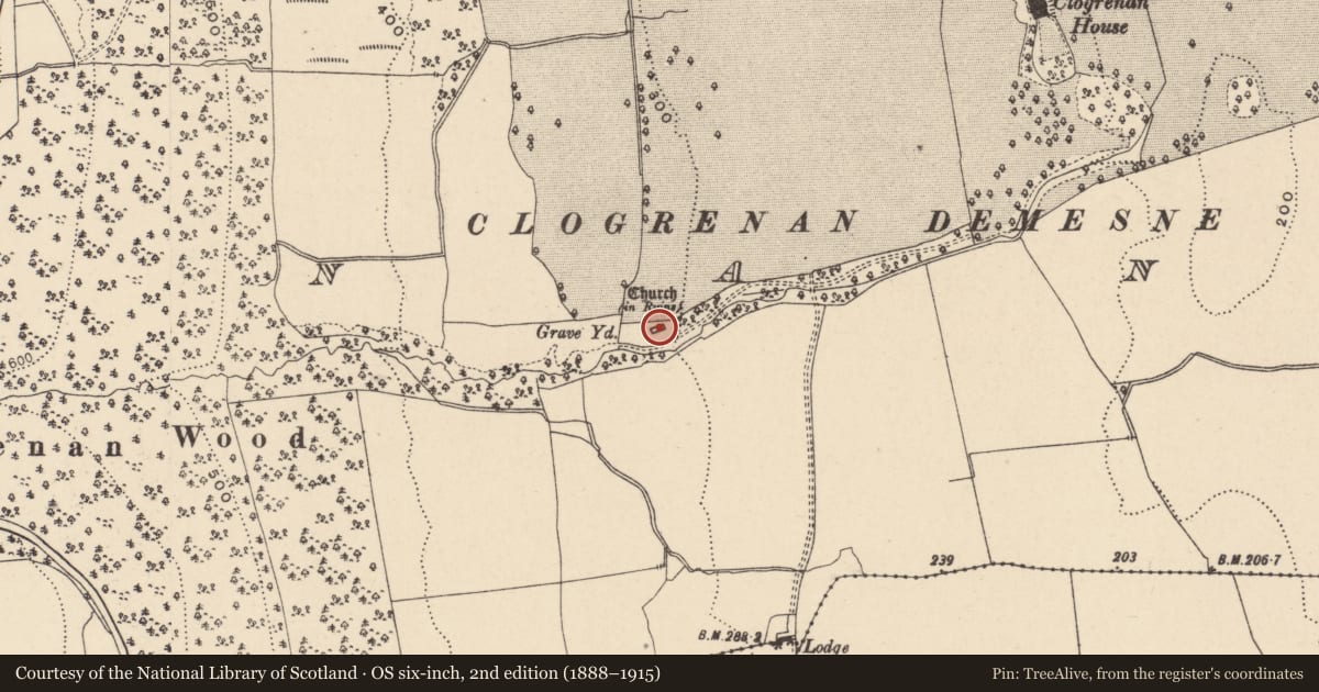 Ordnance Survey six-inch map, 2nd edition (1888–1915) covering the location of Cross-inscribed stone, Clogrenan, County Carlow, with a pin at the register's coordinates