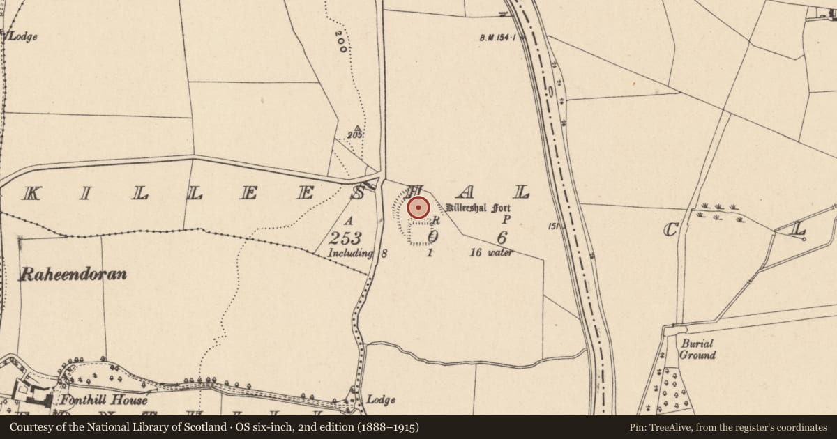 Ordnance Survey six-inch map, 2nd edition (1888–1915) covering the location of Enclosure, Killeeshal, County Carlow, with a pin at the register's coordinates