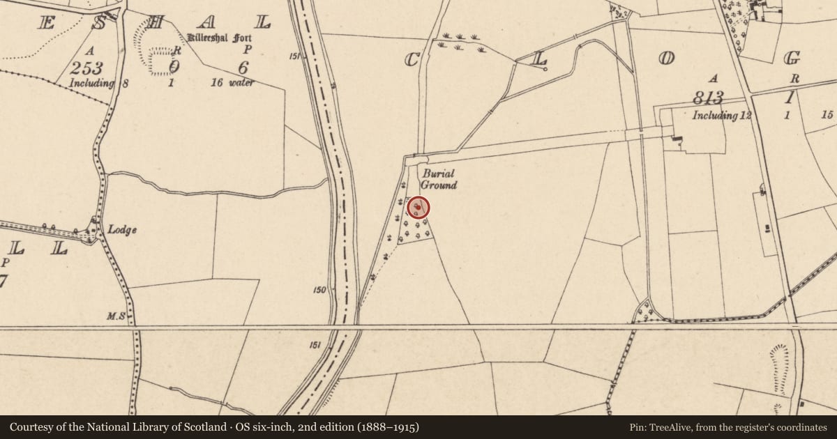 Ordnance Survey six-inch map, 2nd edition (1888–1915) covering the location of Burial ground, Cloghna, County Carlow, with a pin at the register's coordinates