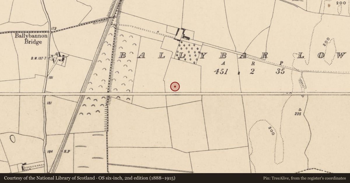Ordnance Survey six-inch map, 2nd edition (1888–1915) covering the location of Enclosure, Ballybar Lower, County Carlow, with a pin at the register's coordinates