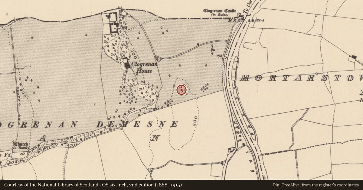 Ordnance Survey six-inch map, 2nd edition (1888–1915) covering the location of Designed landscape - tree-ring, Clogrenan, County Carlow, with a pin at the register's coordinates