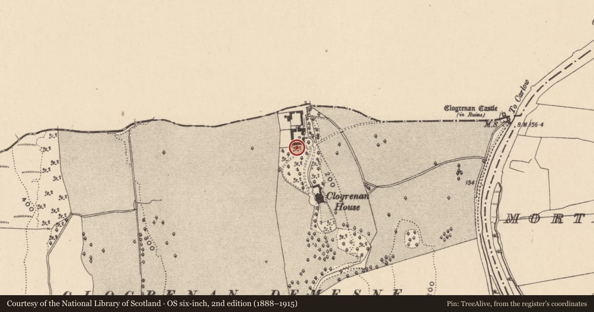 Ordnance Survey six-inch map, 2nd edition (1888–1915) covering the location of Earthwork, Clogrenan, County Carlow, with a pin at the register's coordinates